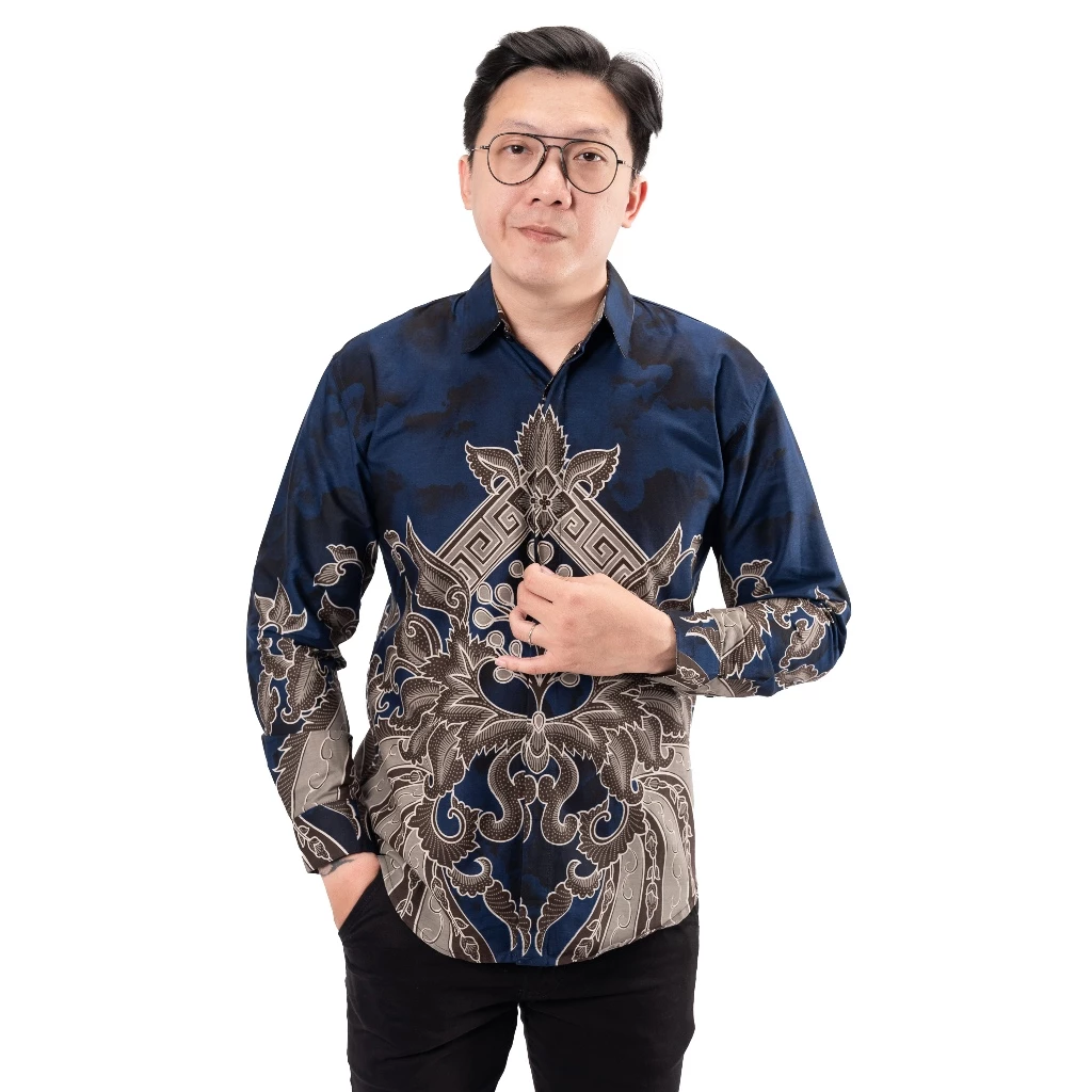 Kemeja Batik Songket Lengan Panjang Anfan Navy Kemeja Batik Songket Lengan Panjang - Gambar 1